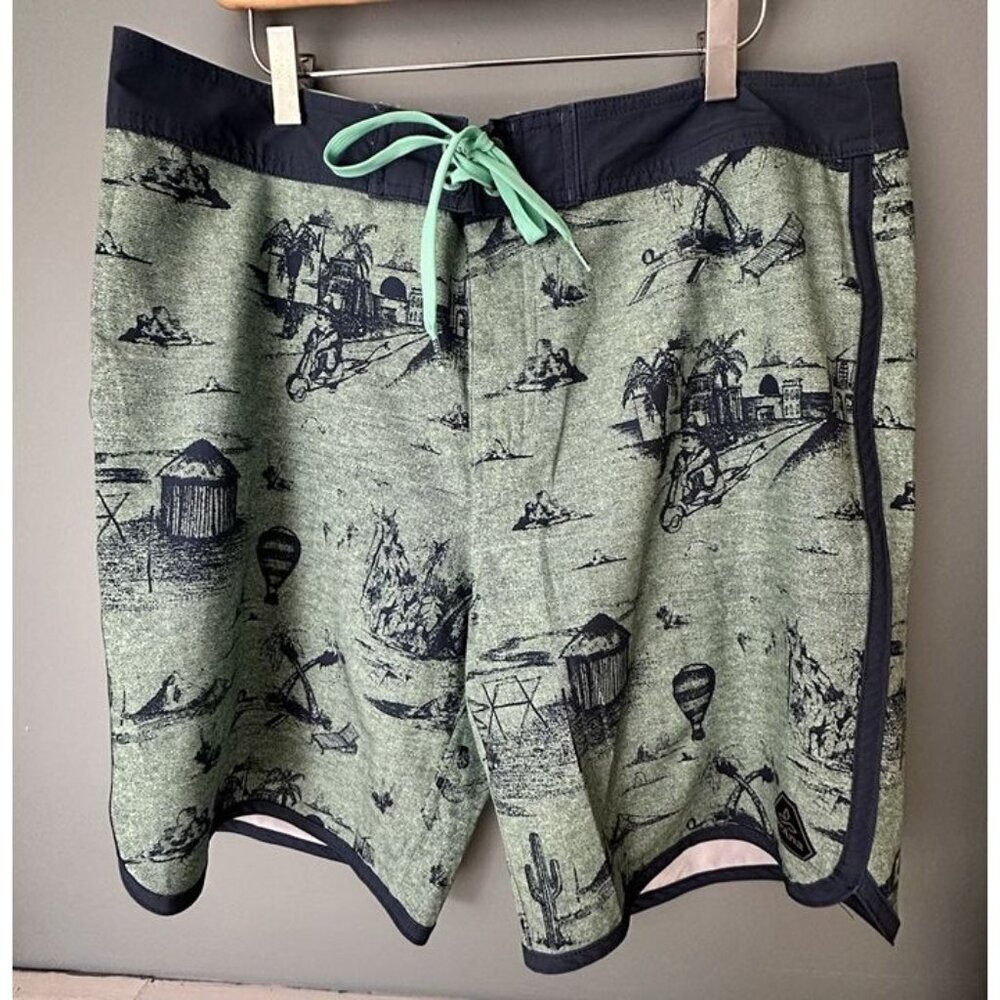 Prana Shorts Mens Size 35 Board Shorts Swim Trunks Teal French Toile Print
